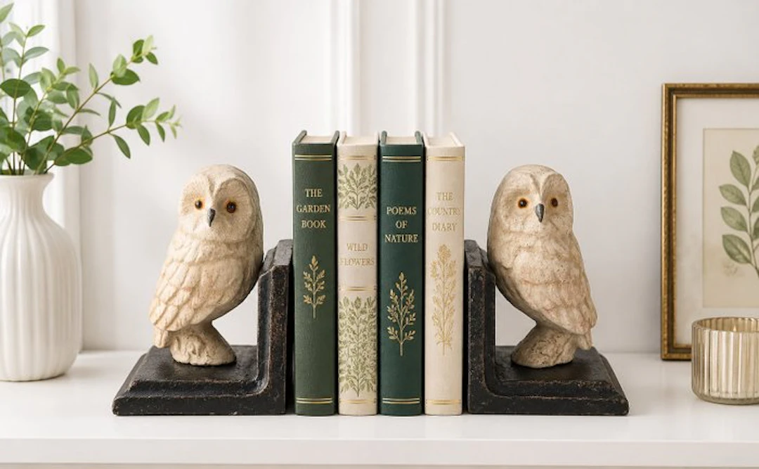 Bookends - Cast iron - Cute white owls