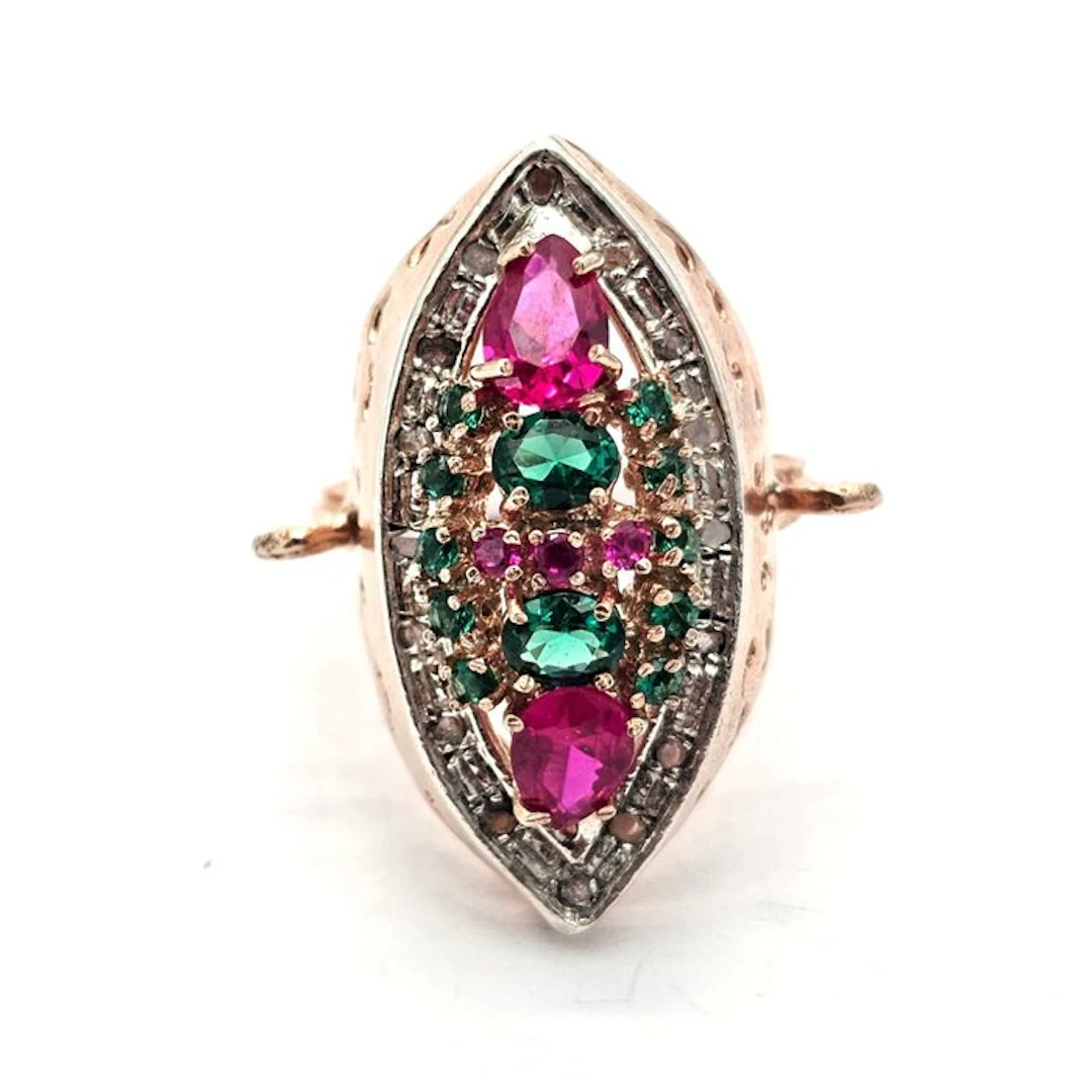 No reserve price - Ring - 9 kt. Rose gold, Silver Diamond (Natural) - Spinel