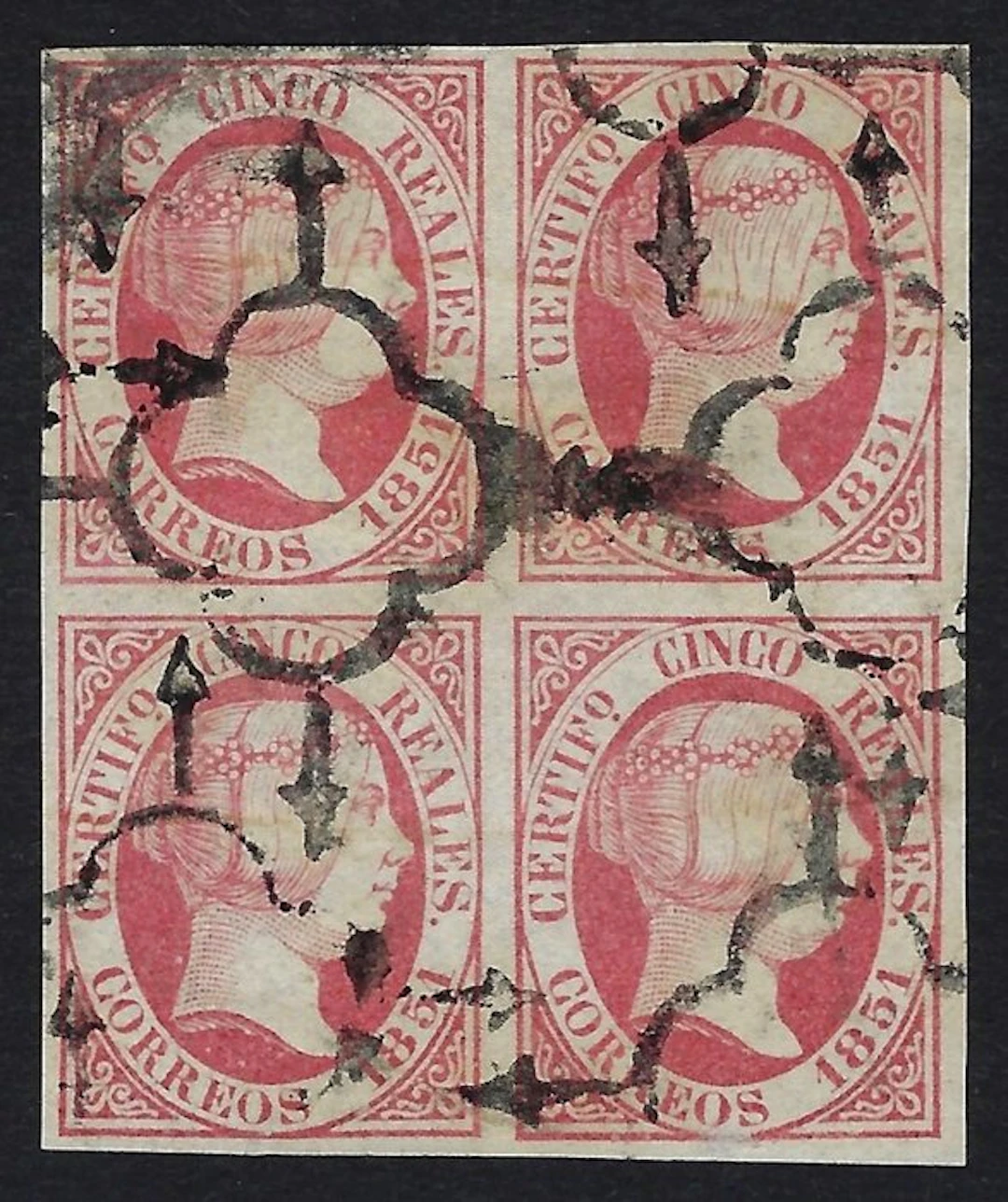 Spain 1851 - Isabel II 5r Rosa en bloque - Edifil Nº 9