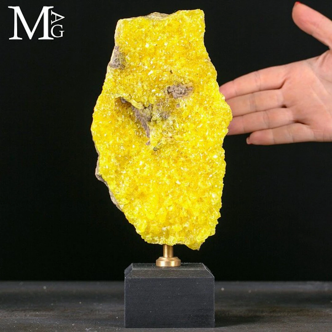 A vivid canary-yellow crystalline sulfur sample