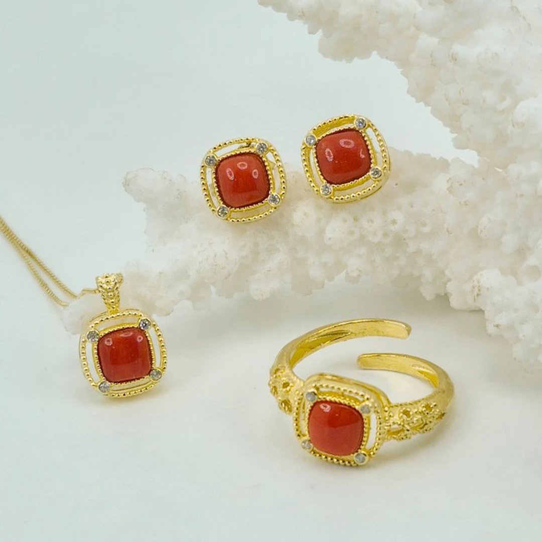 Coral - Silver, Gold-plated - 3 piece jewellery set - CORALLO MEDITERRANEO