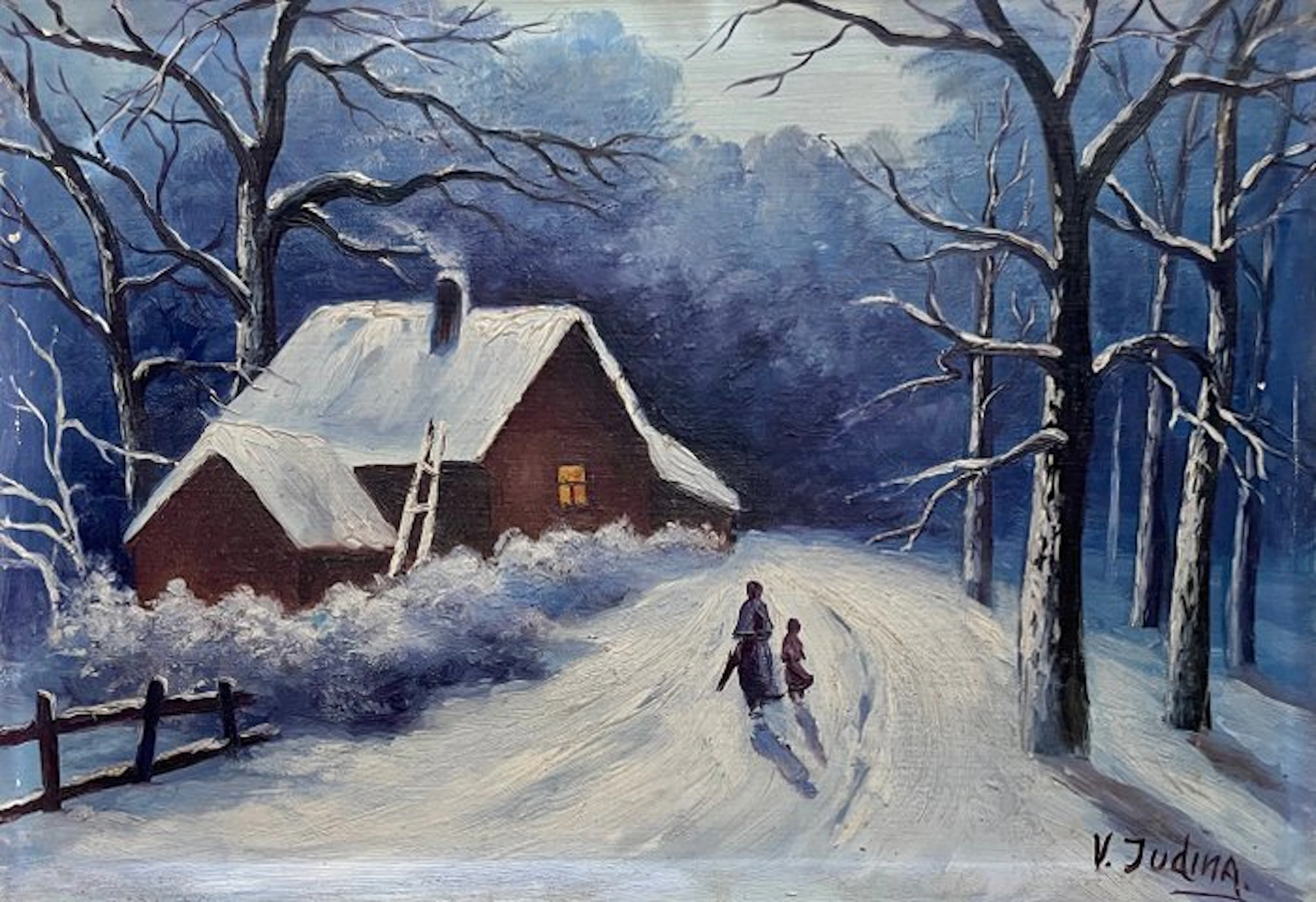 Russian school (XX) - Crépuscule d’hiver, le retour à la chaumière