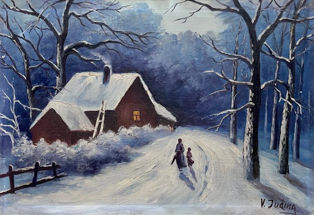 Russian school (XX) - Crépuscule d’hiver, le retour à la chaumière