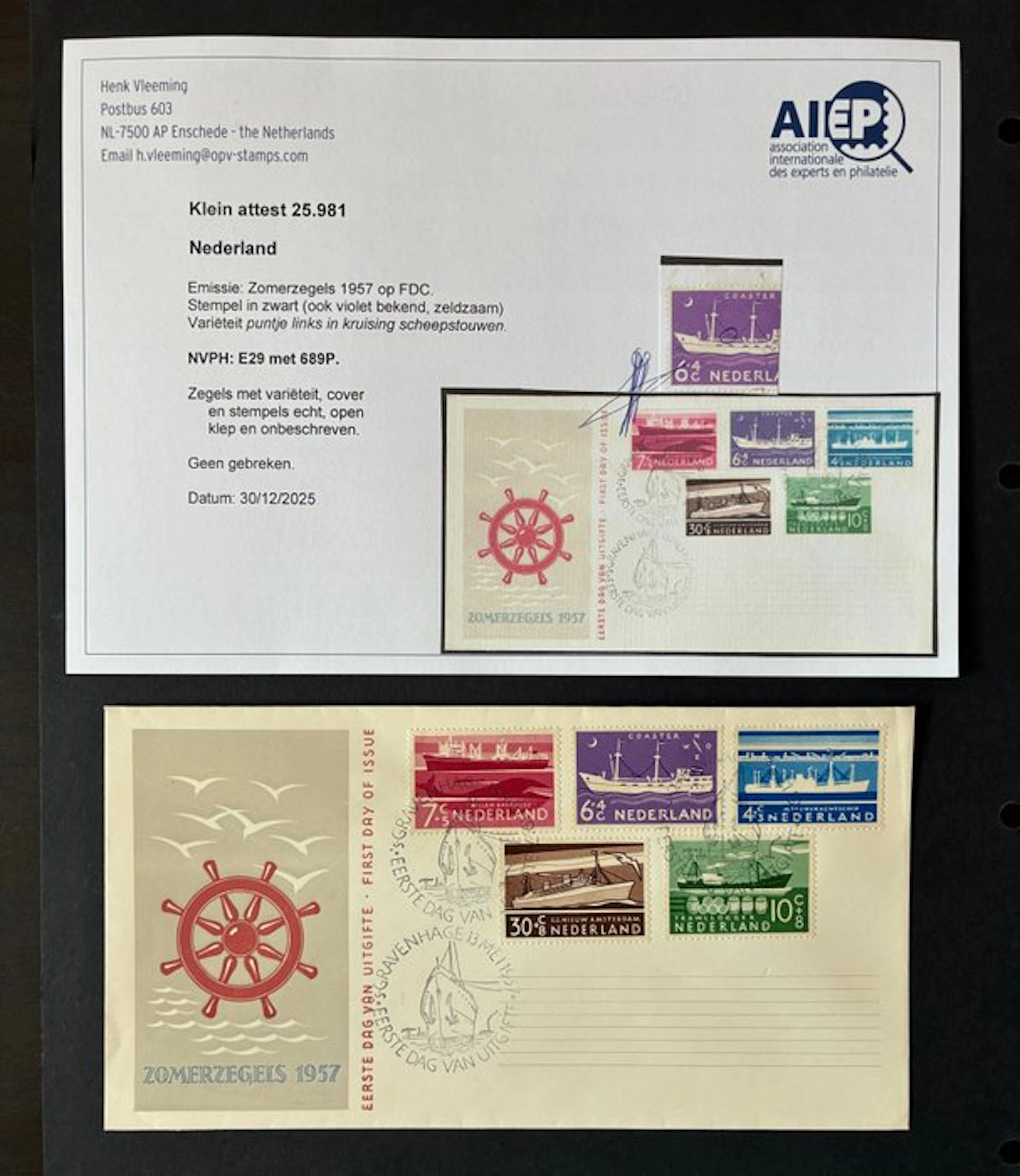 Netherlands 1957 - FDC - Summer - in which a plate fault...