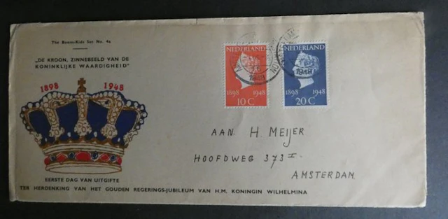 Netherlands 1948 - FDC Precursor Jubilee Stamps Queen Wilhelmina 1948.