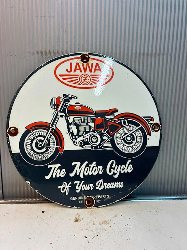 JAWA – emaille reclamebord met klassieke motorfiets - Enamel sign - Enamel