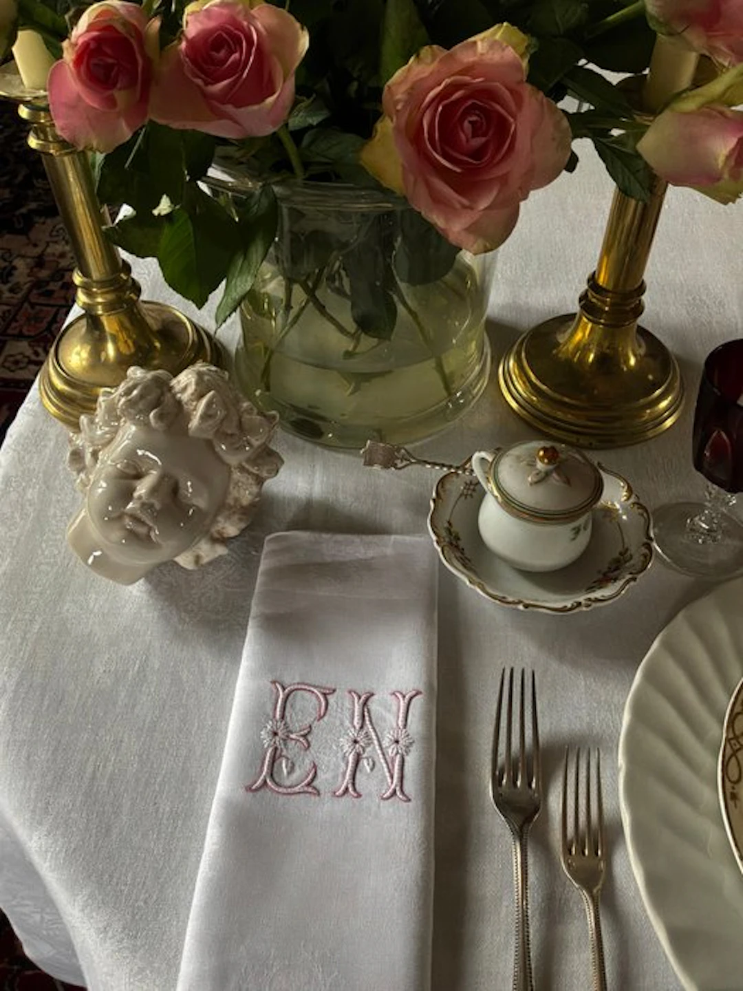 8 Early Linen and possibly silk damask napkins with E.N