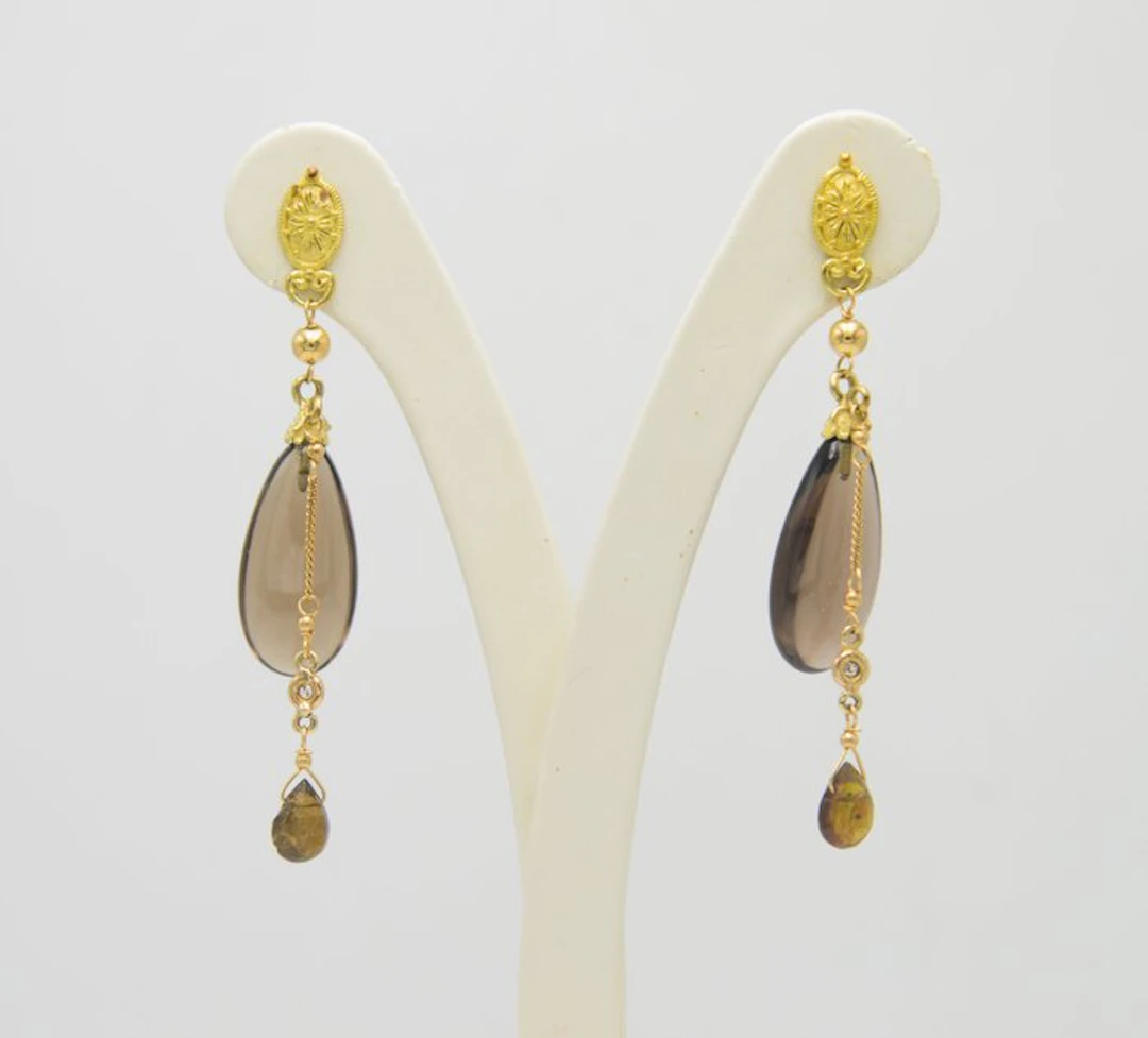 Earrings - 18 kt. Yellow gold Diamond (Natural) - Quartz