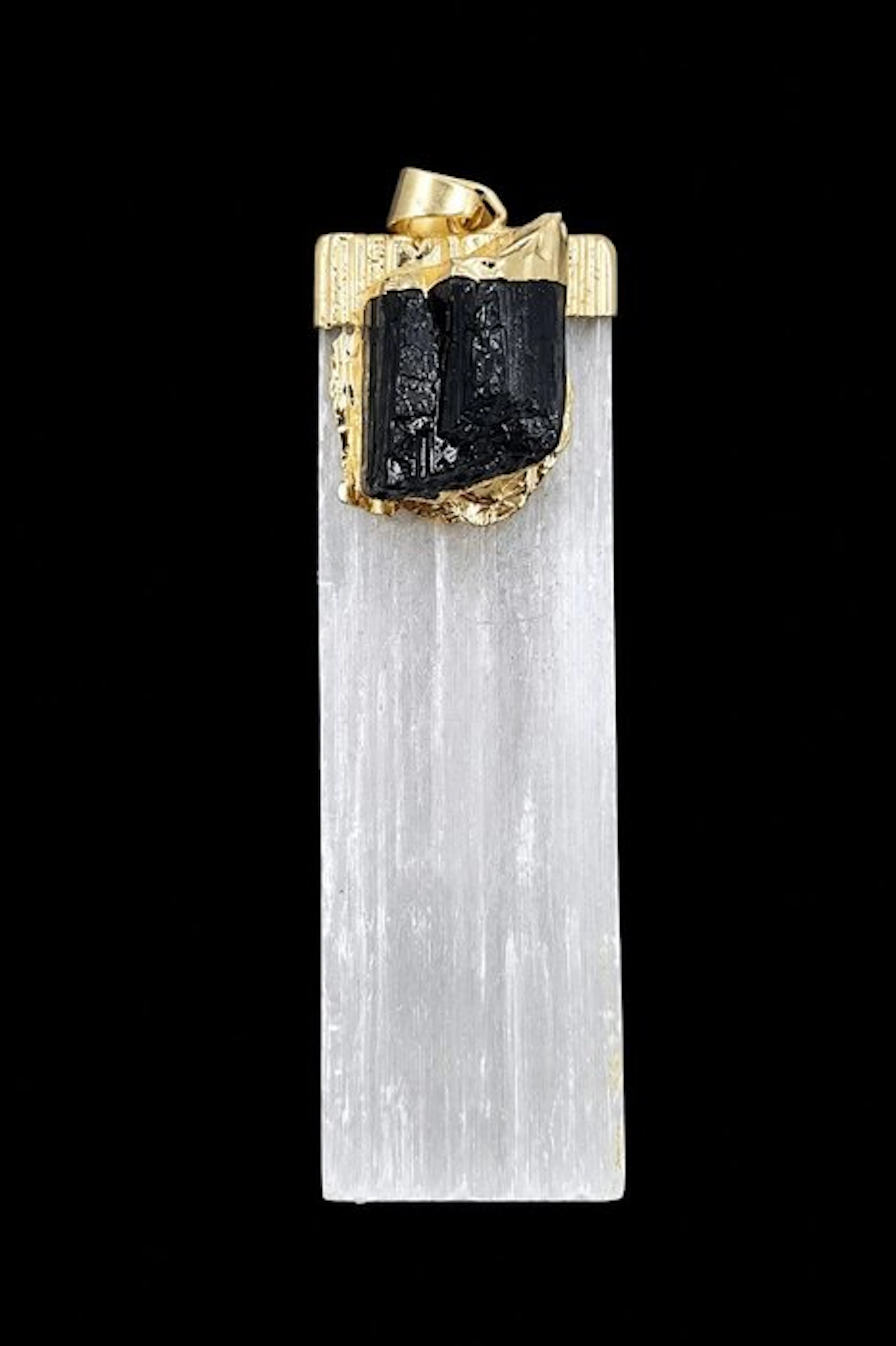 Pendant: Selenite Column and Natural Black Tourmaline...