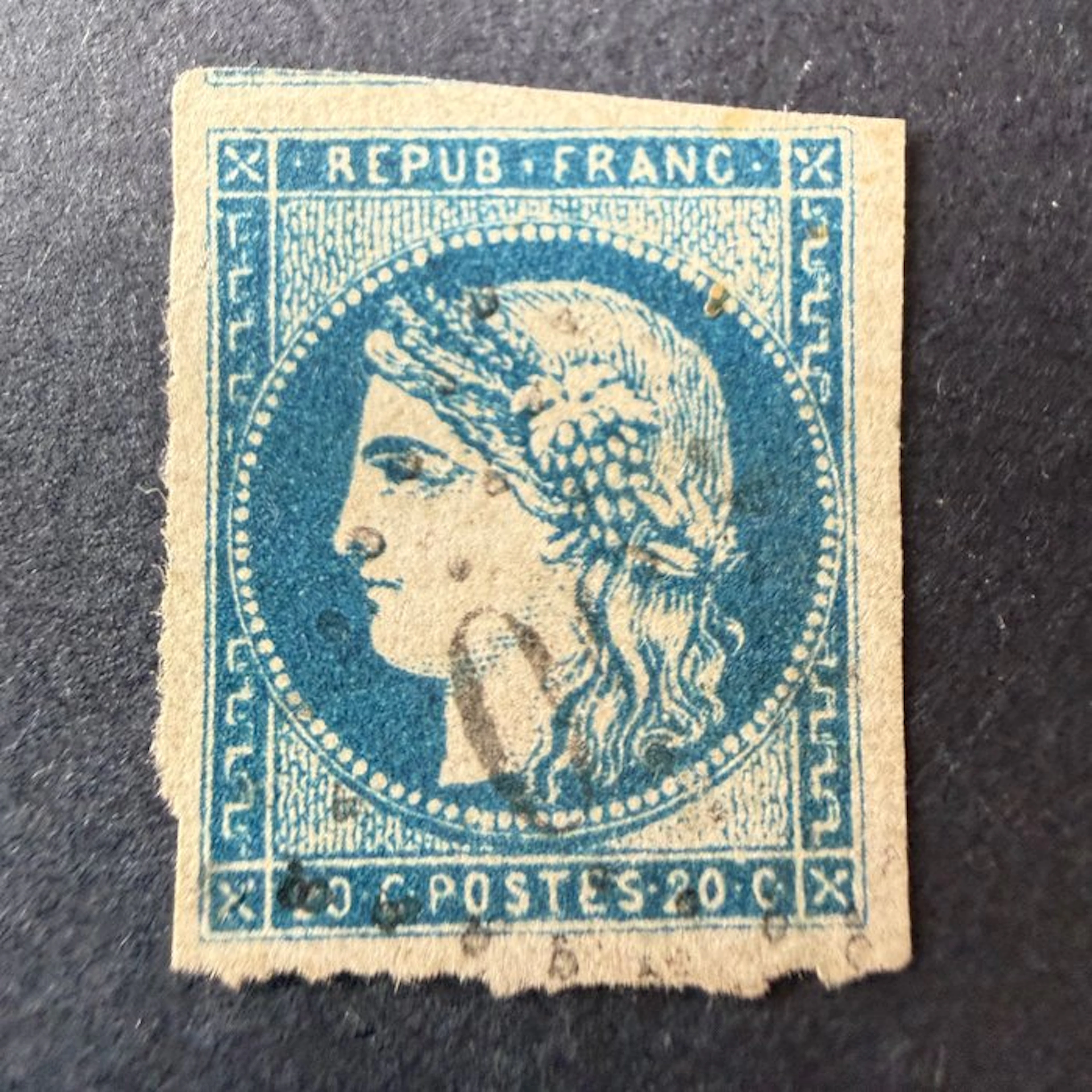 France - Yvert 44A 'Bordeaux 20c R1' cancelled with a neighboring stamp