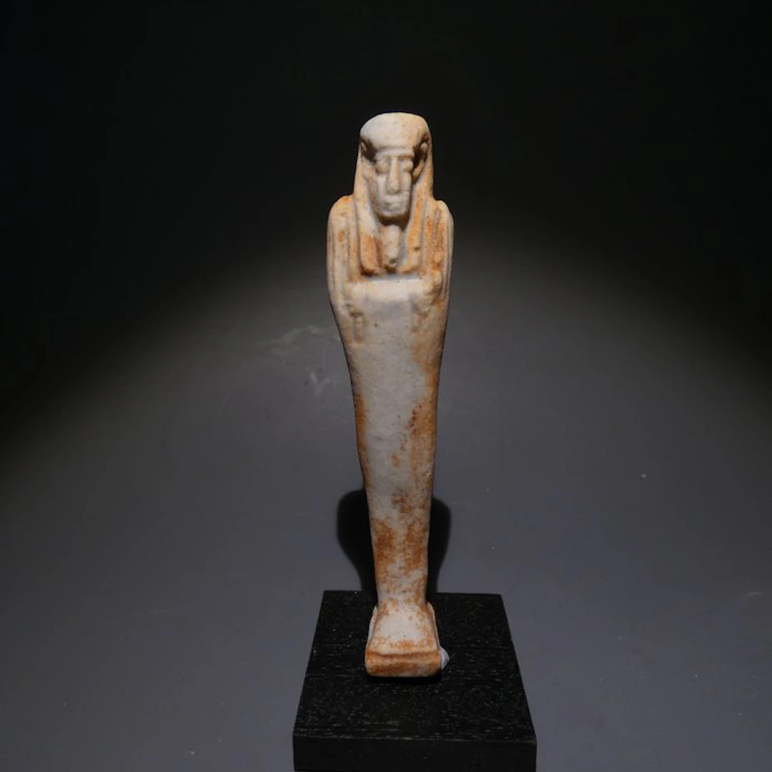 Ancient Egyptian Faience Shabti. 10 cm H. 30th Dynasty, 378 - 341 BC.