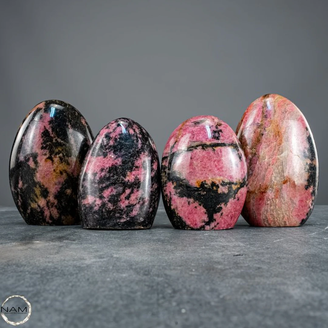 Rhodonite – 4 hand-polished freeform shapes with a unique color pattern