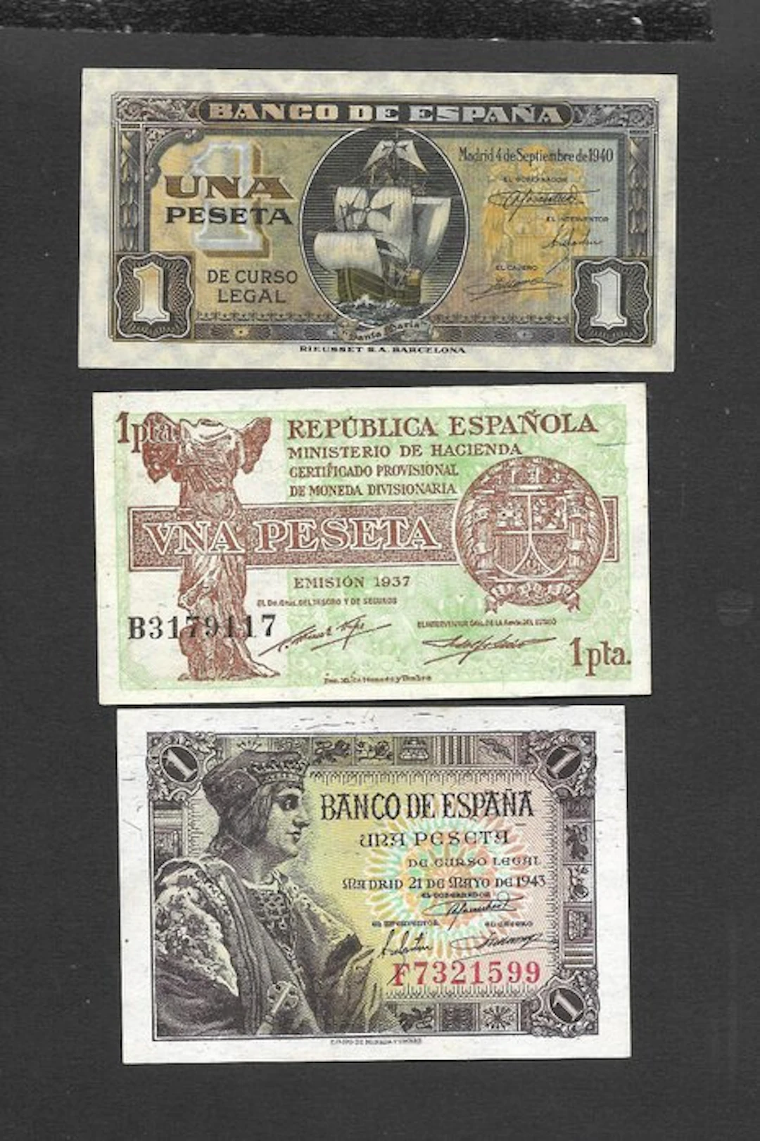 Spain. - 3 X 1 Pesetas 1937-1940-1943 (No reserve price)