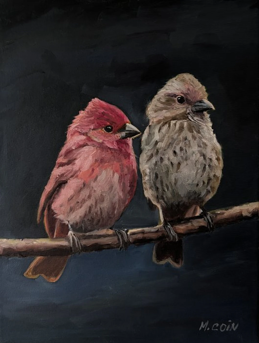 Maryse Coin - Couple de Roselins -Huile-