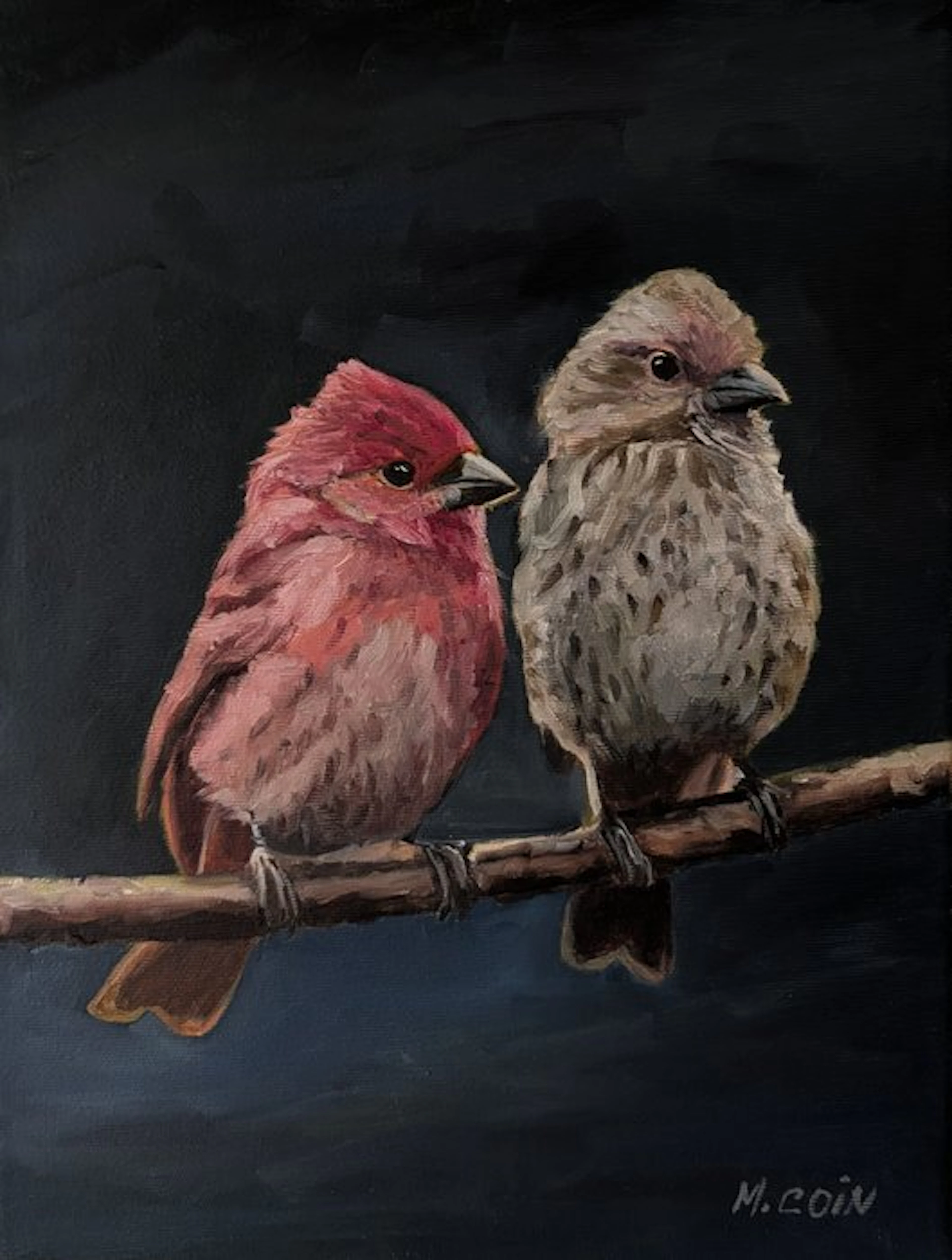 Maryse Coin - Couple de Roselins -Huile-