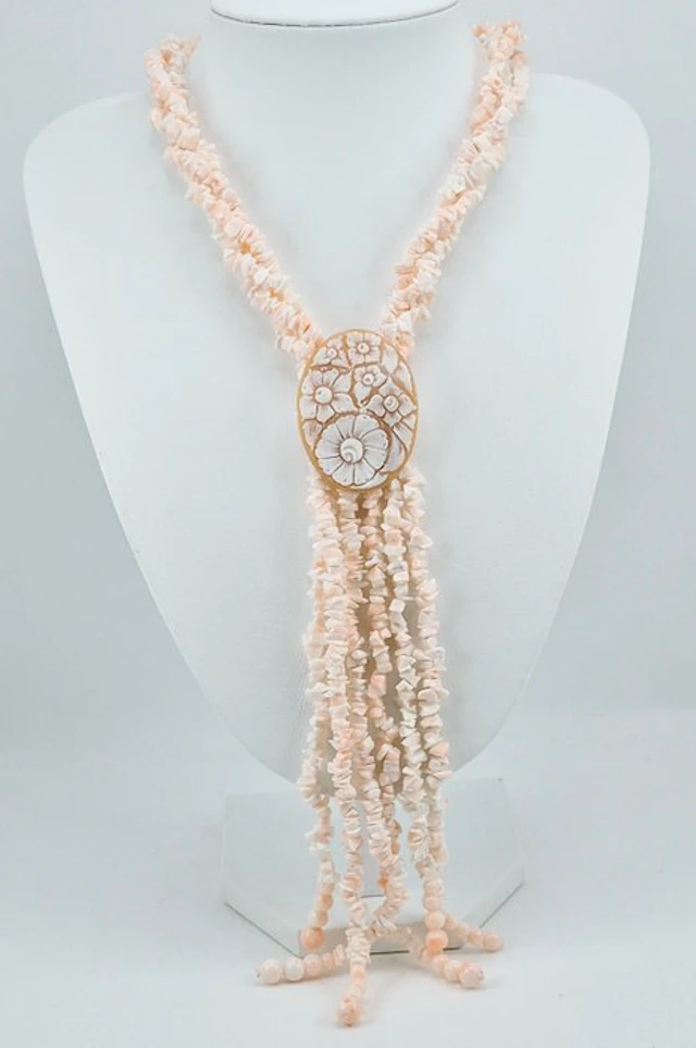 Coral - Silver - Necklace - Pink Coral and Cameo