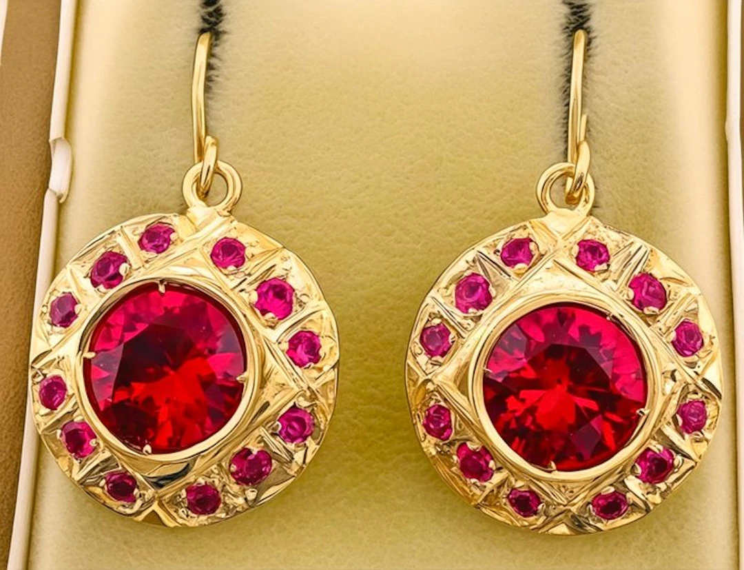No reserve price - Earrings - 9 kt. Yellow gold, Silver Ruby - Ruby