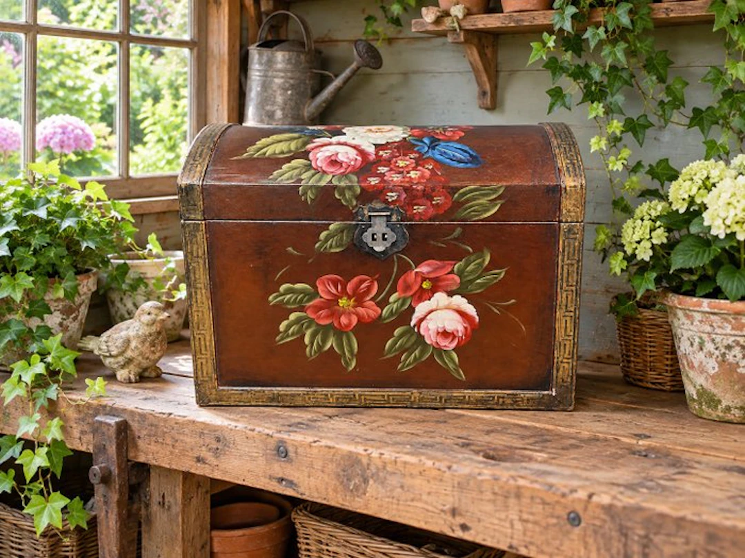 Crate - Wood - suitcase floral motif