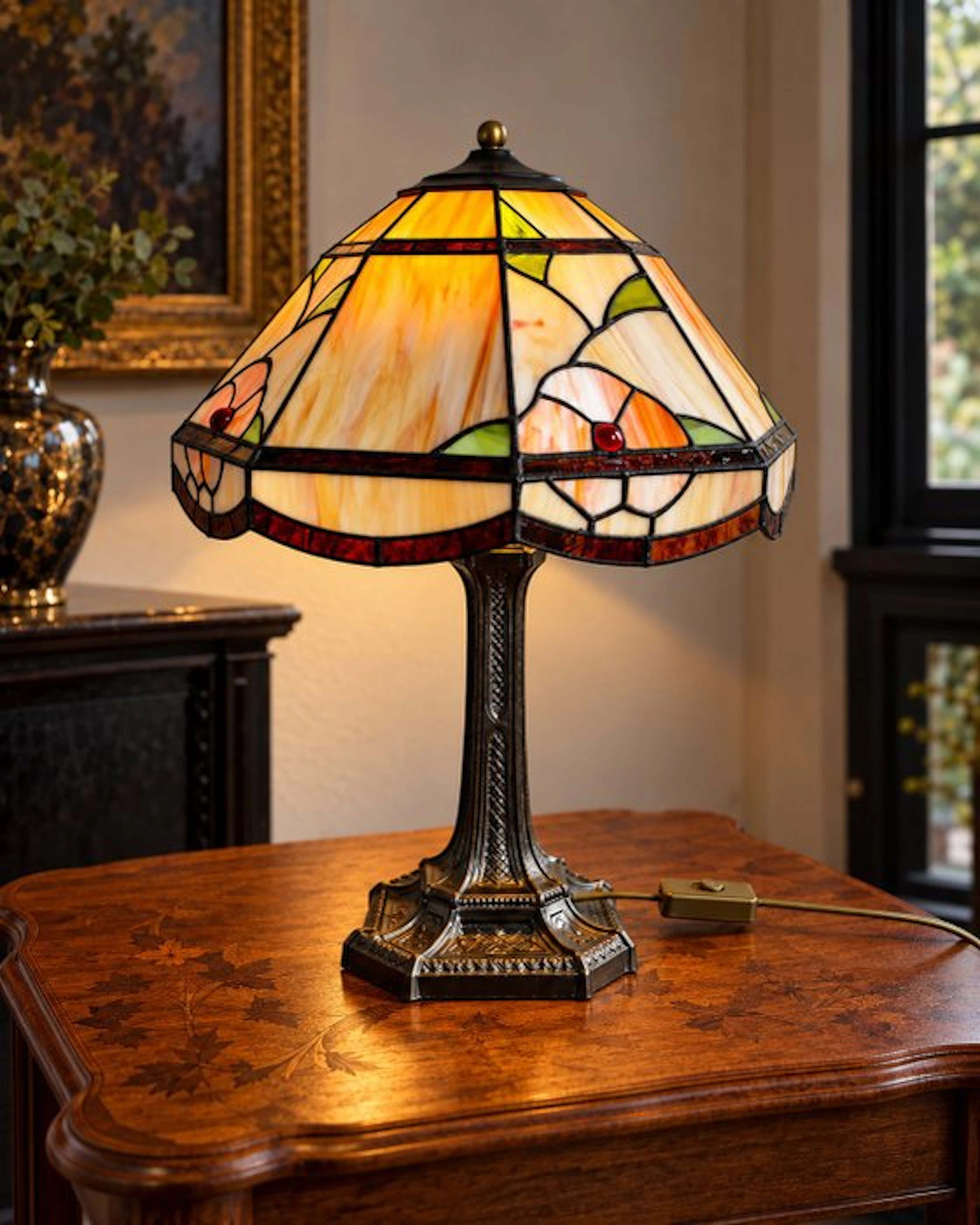 Lamp - Stained-glass canopy – Floral decoration - Glass