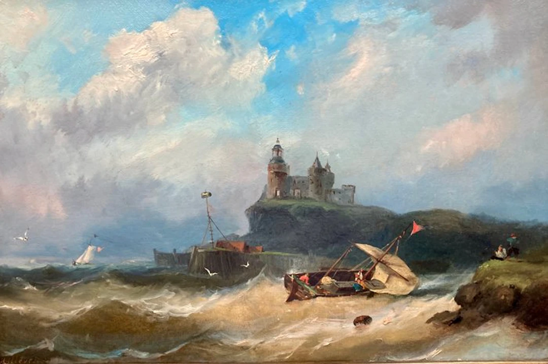 Adrianus David Hilleveld (1838-1877) - Woelige zee met burcht op landtong