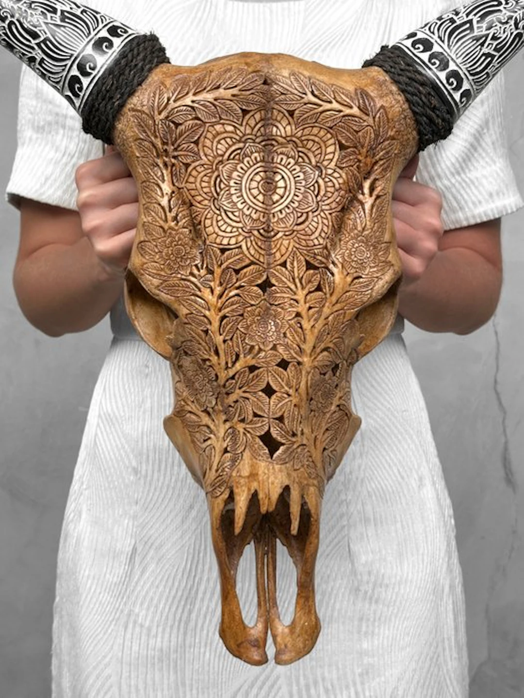 NO RESERVE PRICE - Stunning Brown Carved Cow Skull with...