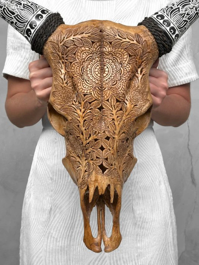 NO RESERVE PRICE - Stunning Brown Carved Cow Skull with...