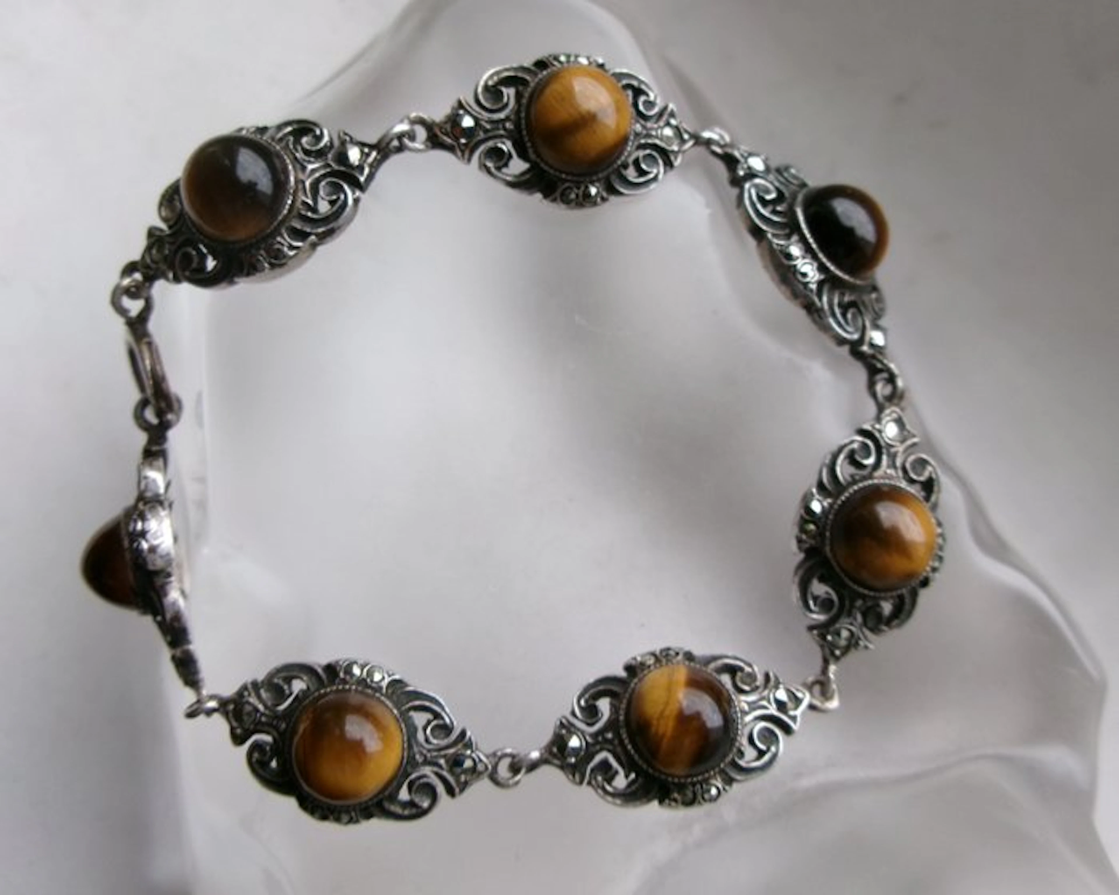 Silver, Tiger's Eye & Marcasites - Bracelet - Art Deco