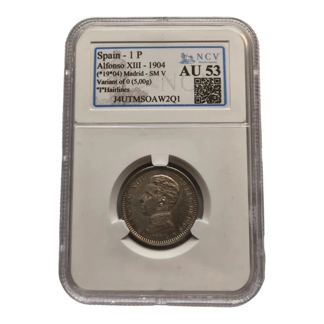 Spain. 1 Peseta Alfonso XIII 1904 Madrid AU53 Variante Zero Partido
