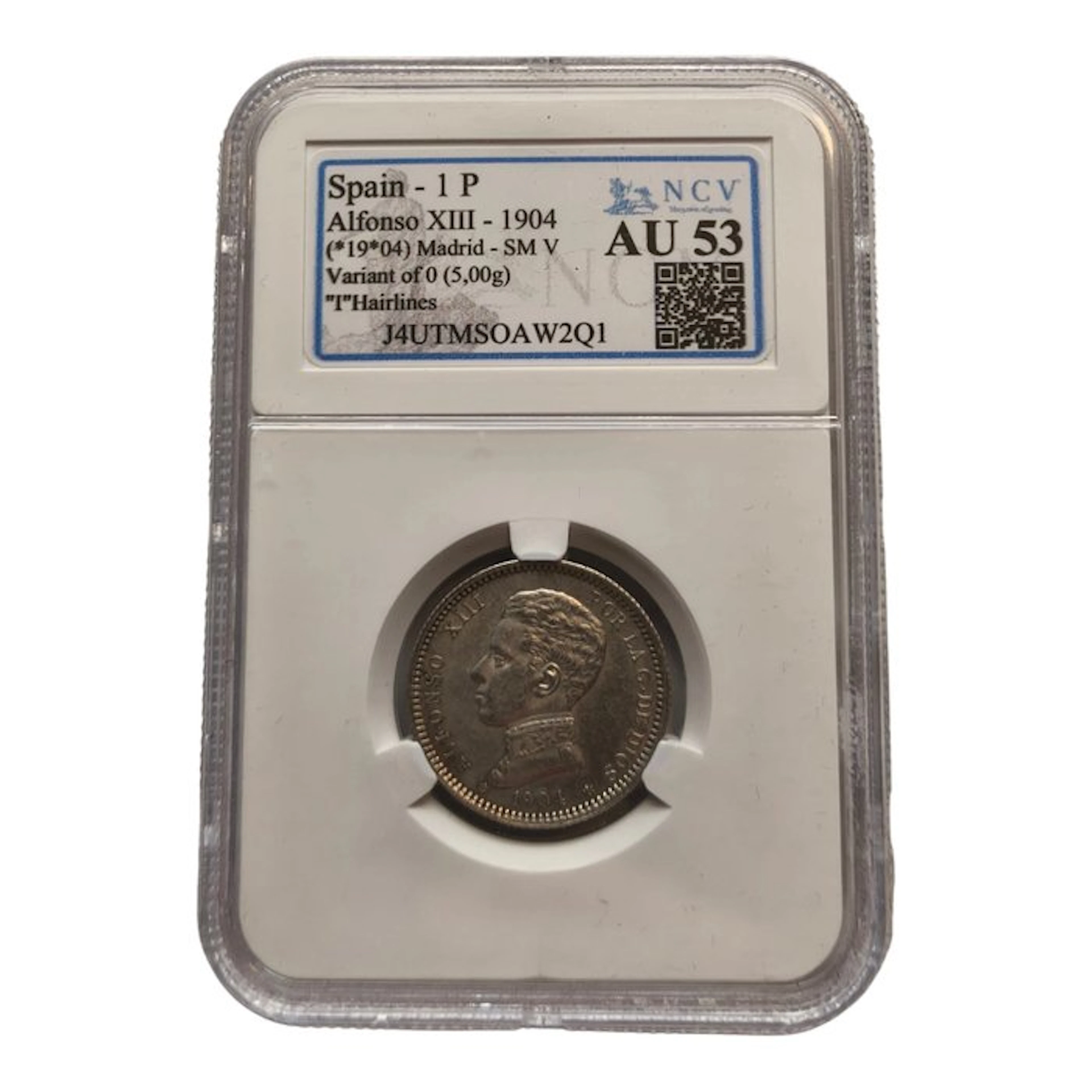 Spain. 1 Peseta Alfonso XIII 1904 Madrid AU53 Variante Zero Partido