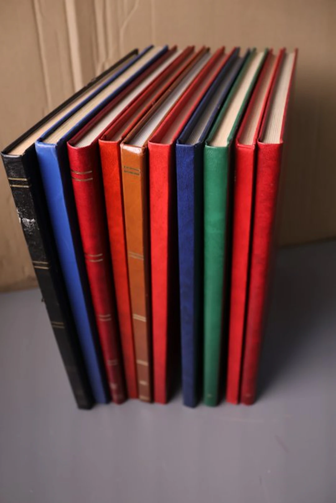 World - 10 blank stock books with white pages.