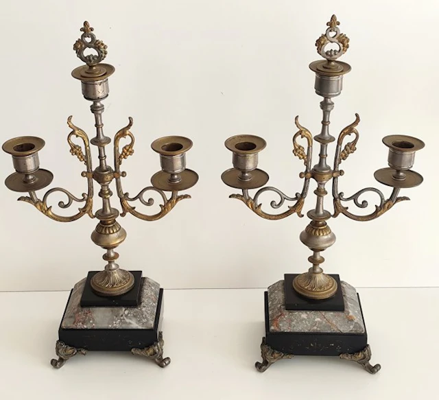 Candlestick (2) - Marble, Bronze - Pair of candelabras