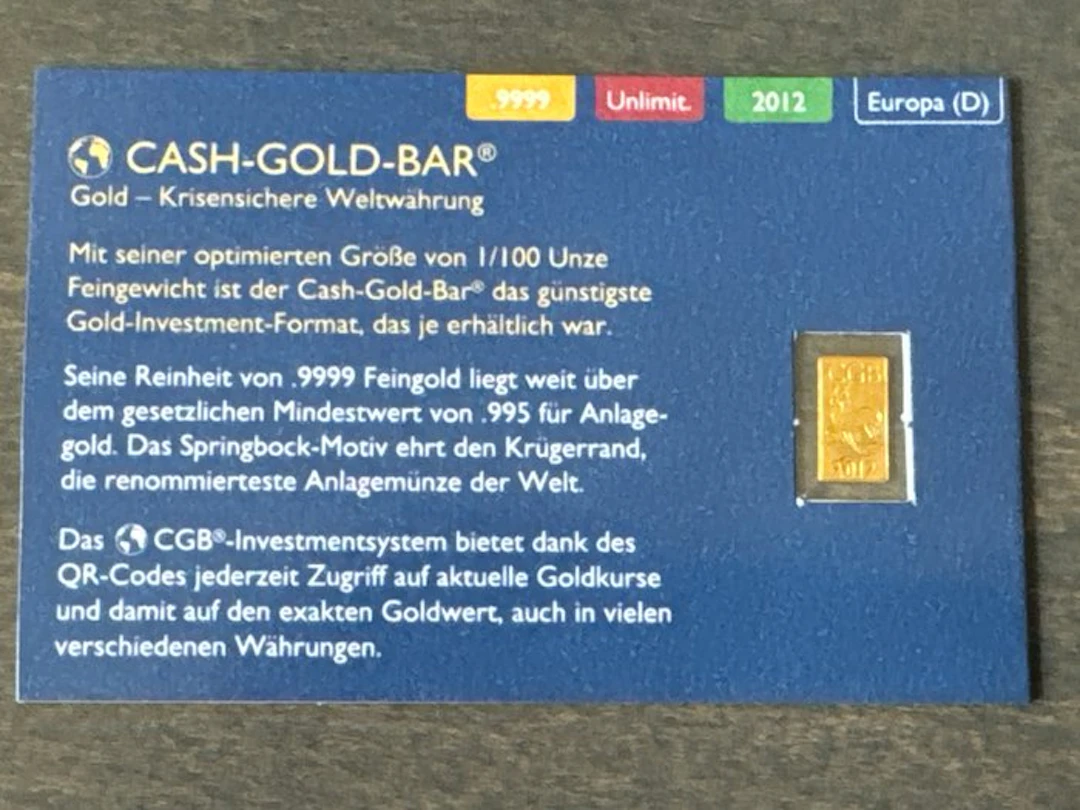 1/100 oz - Gold .999 - Cash Gold Bar (No reserve price)