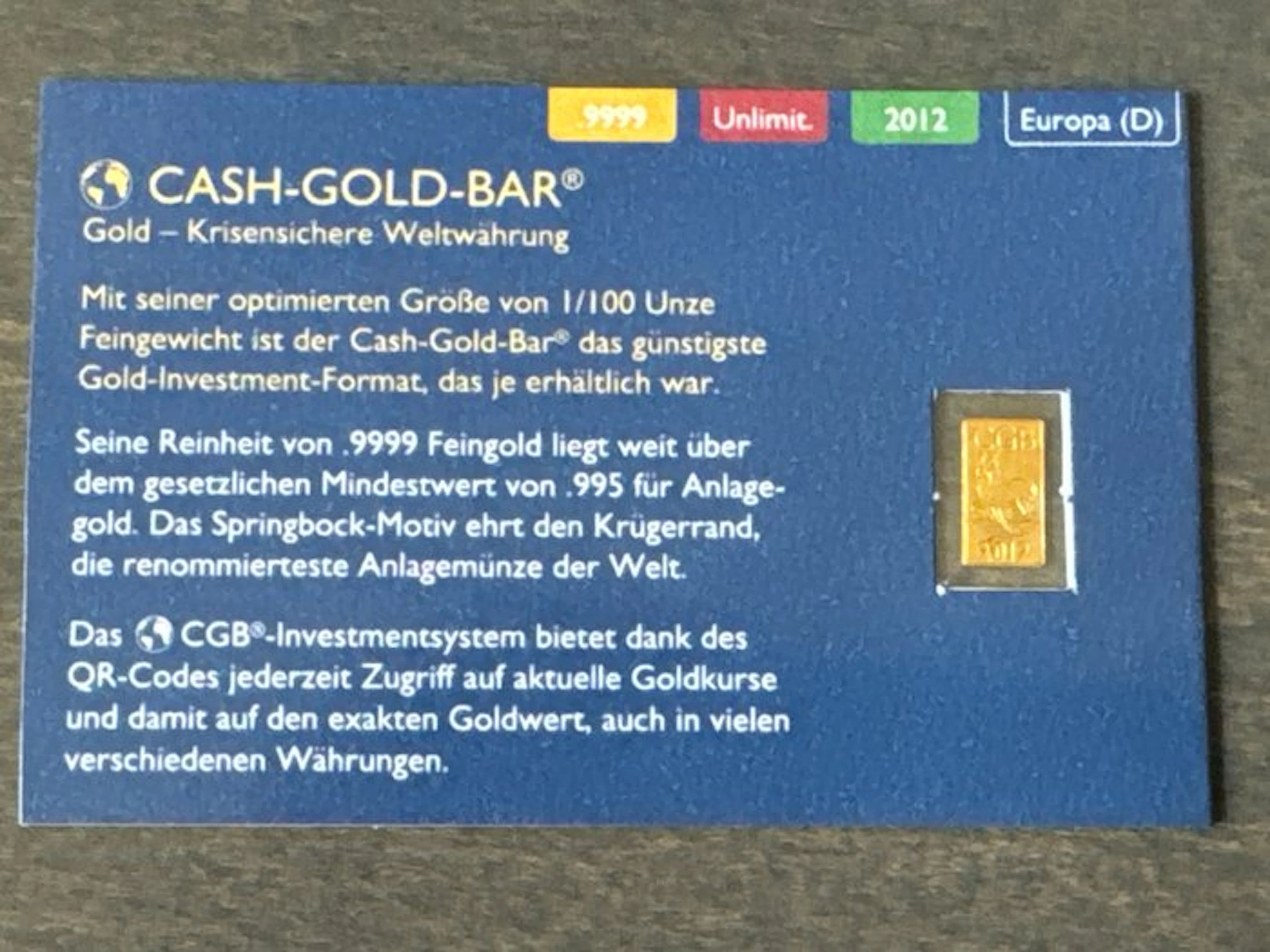 1/100 oz - Gold .999 - Cash Gold Bar (No reserve price)