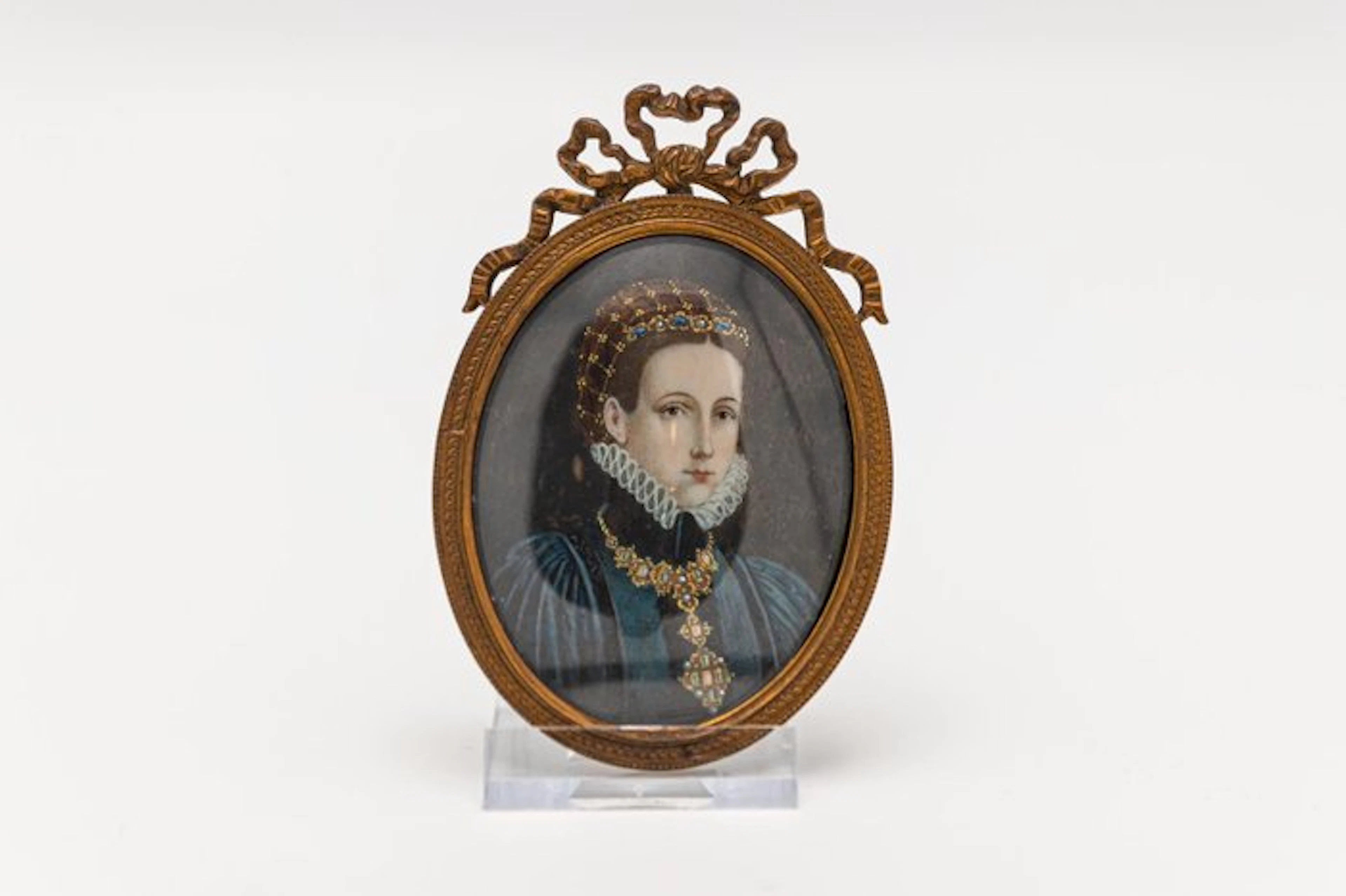Unknown artist - Miniatuur portretje, vrouw met prachtige juwelen, Mary Stuart