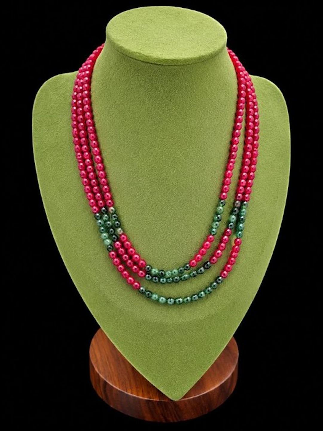 Premium 3-strand Red Chalcedony and Green Emerald Necklace. - Necklace