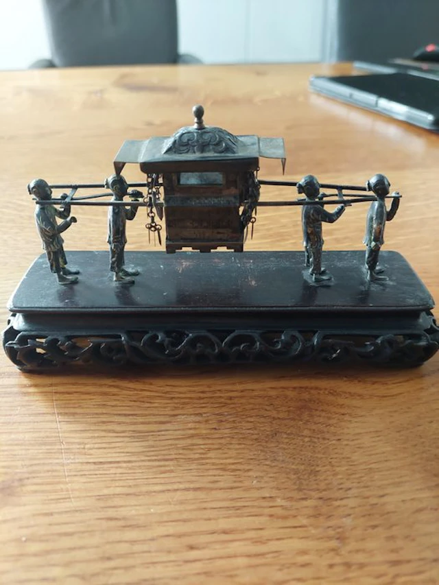 Antique Chinese silver miniature model of a sedan chair with 4 bearers