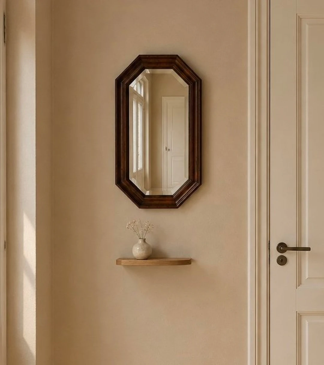 Mirror- Vintage octagonal wall mirror - faceted glass - Wood, Glass