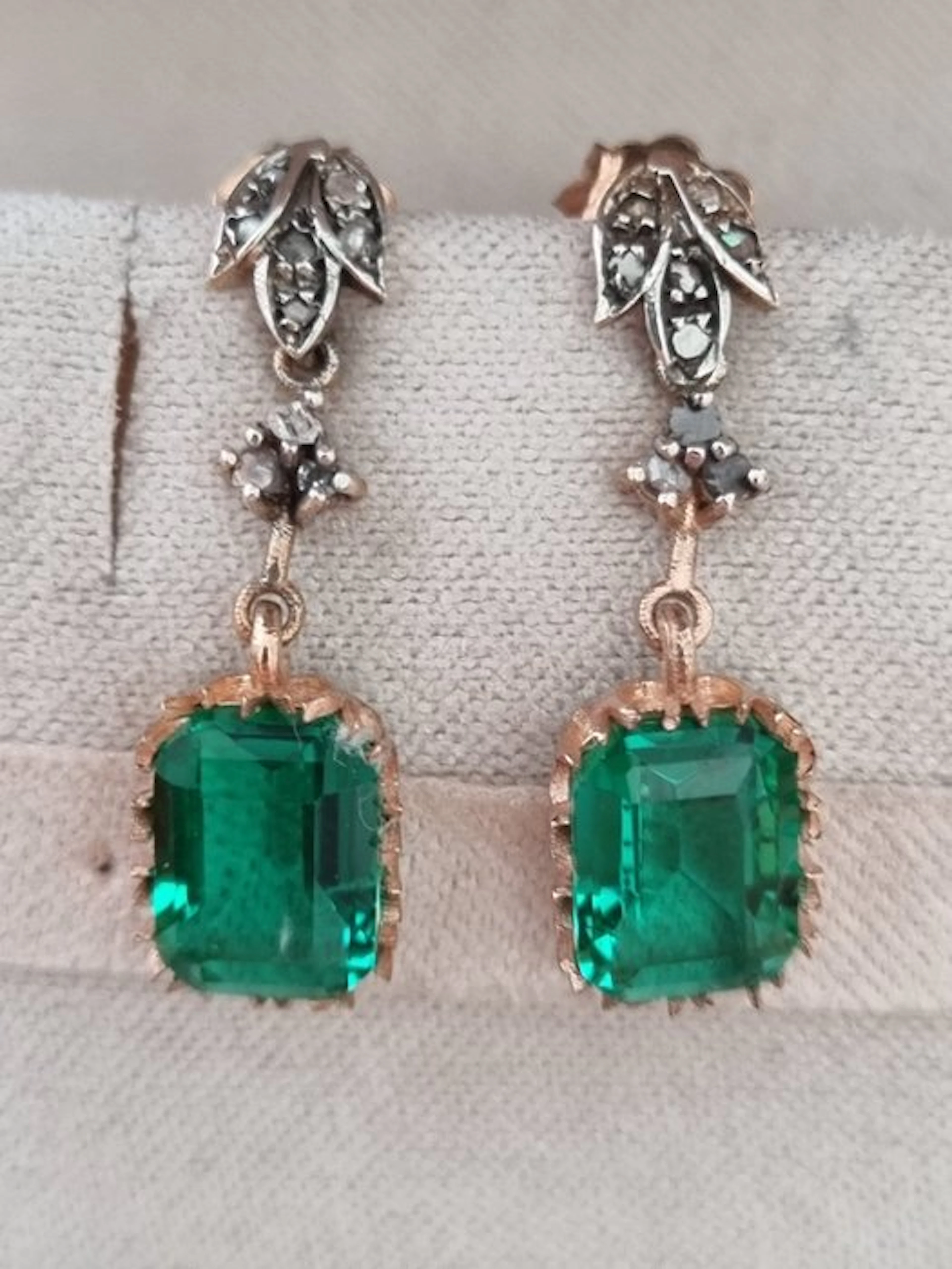 No reserve price - Earrings - 9 kt. Silver, Rose gold Emerald - Diamond