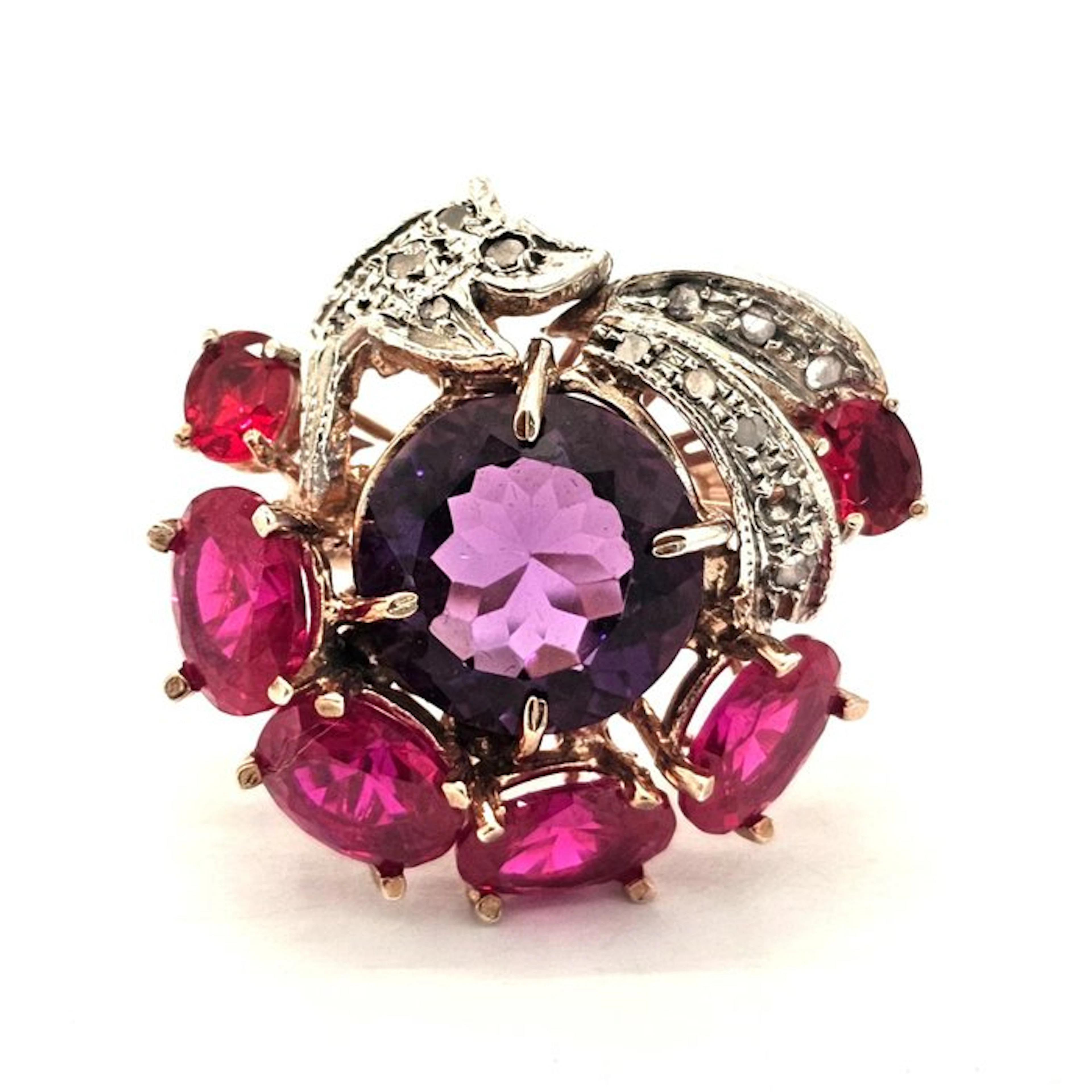 No reserve price - Ring - 9 kt. Rose gold, Silver Diamond (Natural) - Spinel