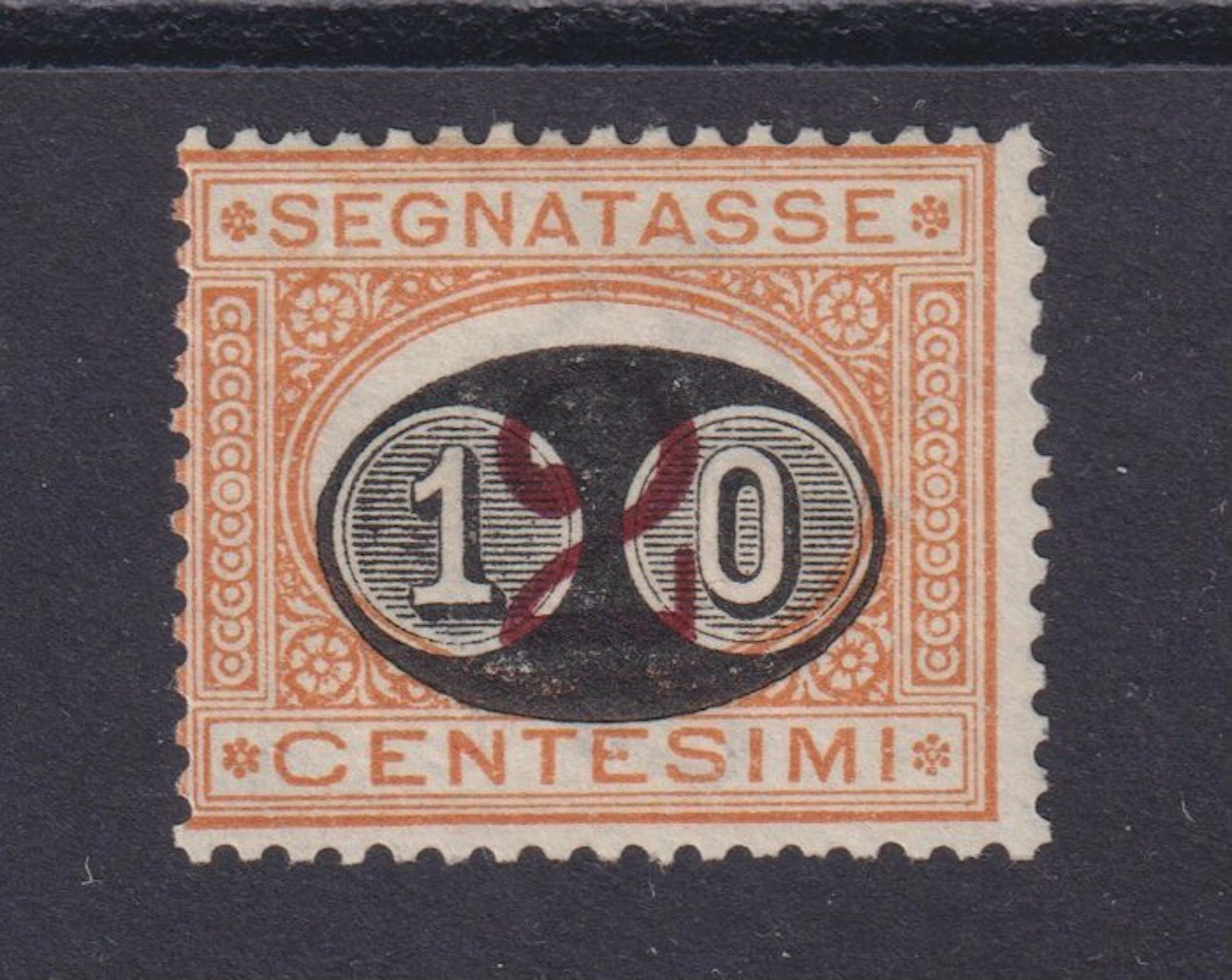 Italy 1890 - Postage due 10c on 2c — overprint heavily misaligned variety
