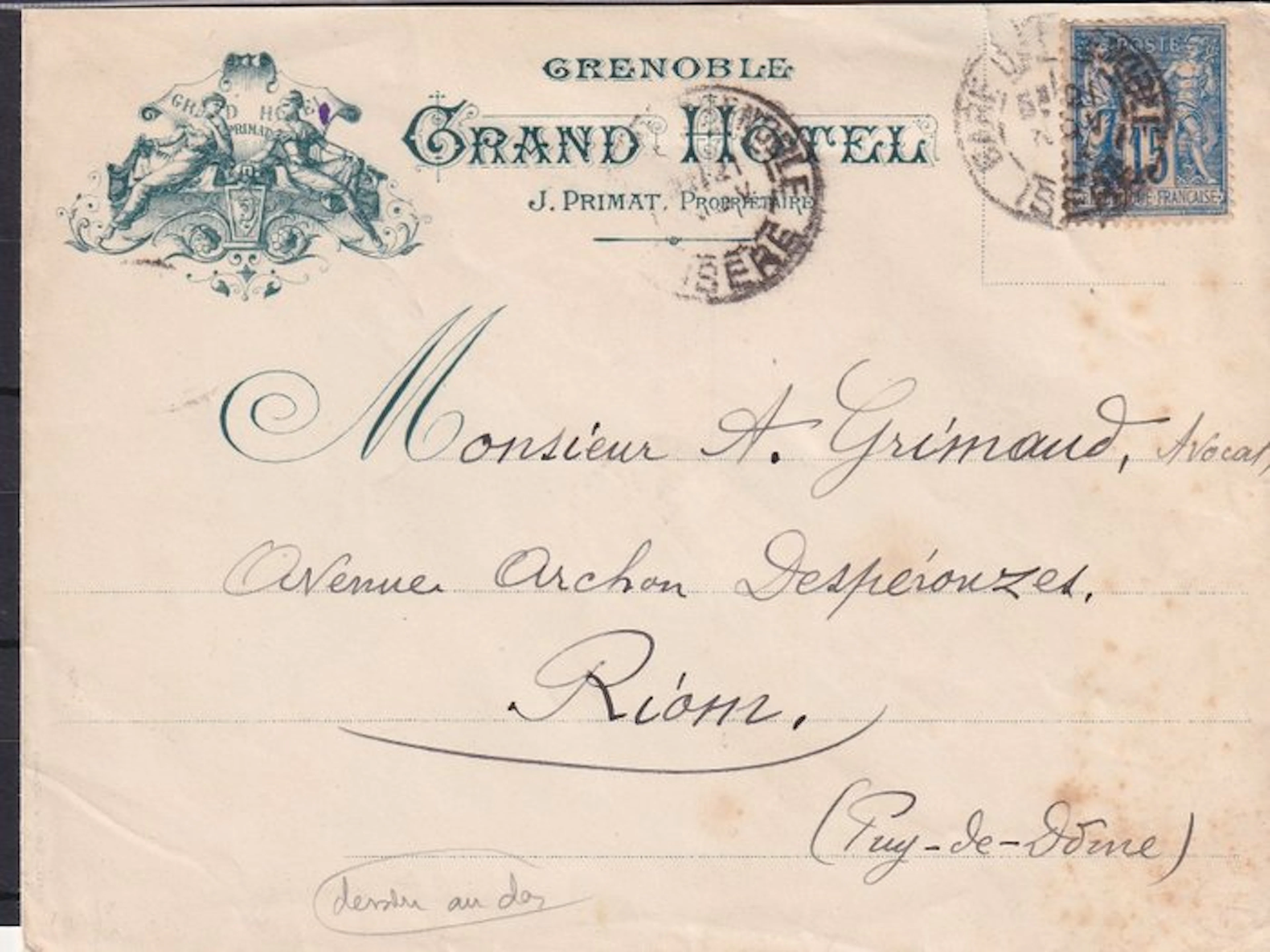 France 1893 - superbe enveloppe du grand hotel de Grenoble, magnifique
