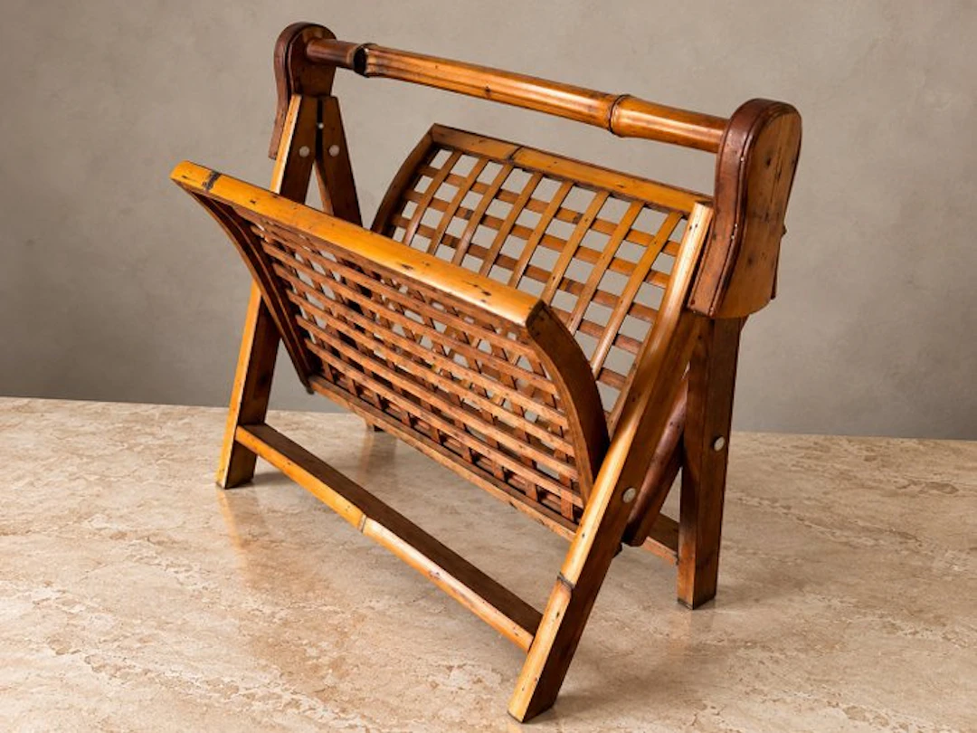 Antique Folding Magazine Rack – Bamboo & Wood – Original...