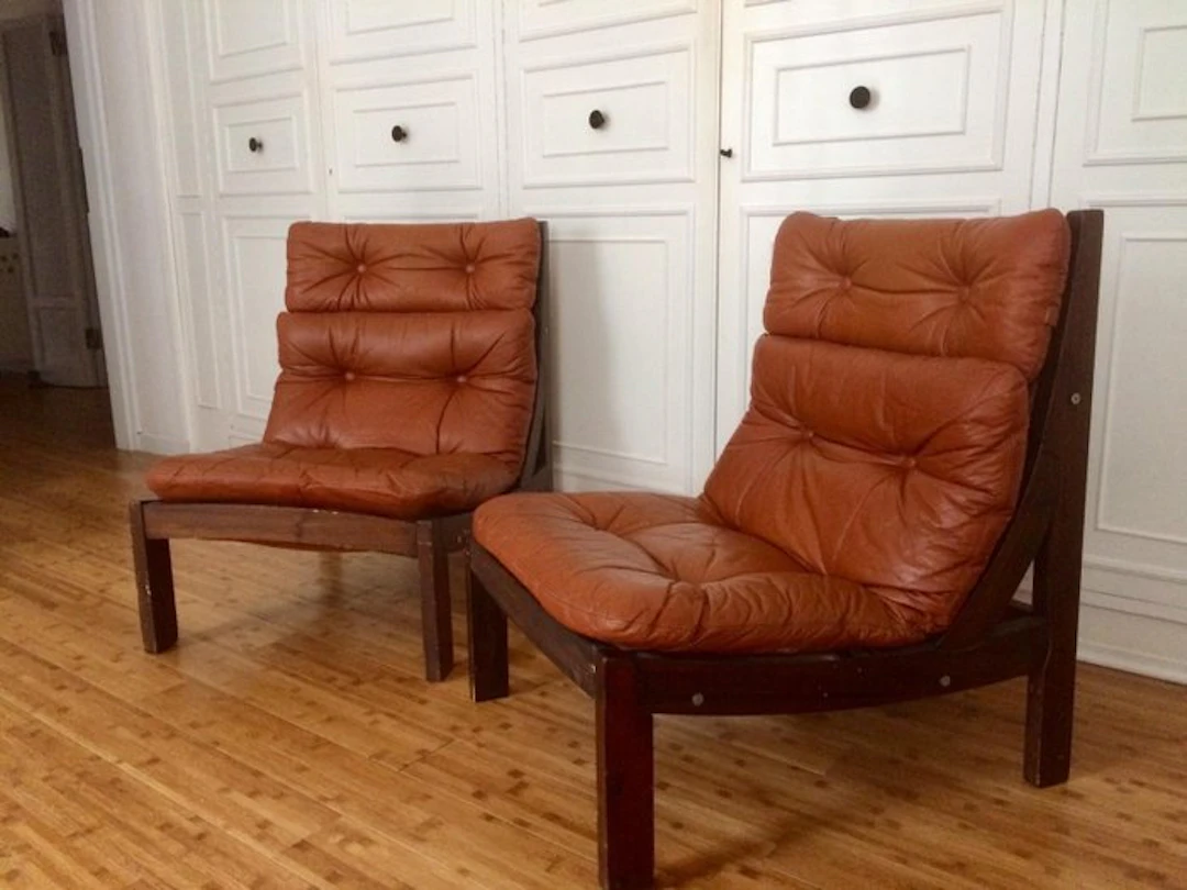 Armchair (2) - Hunting Chairs - Brass, Wood, Leather - High-quality artisanal