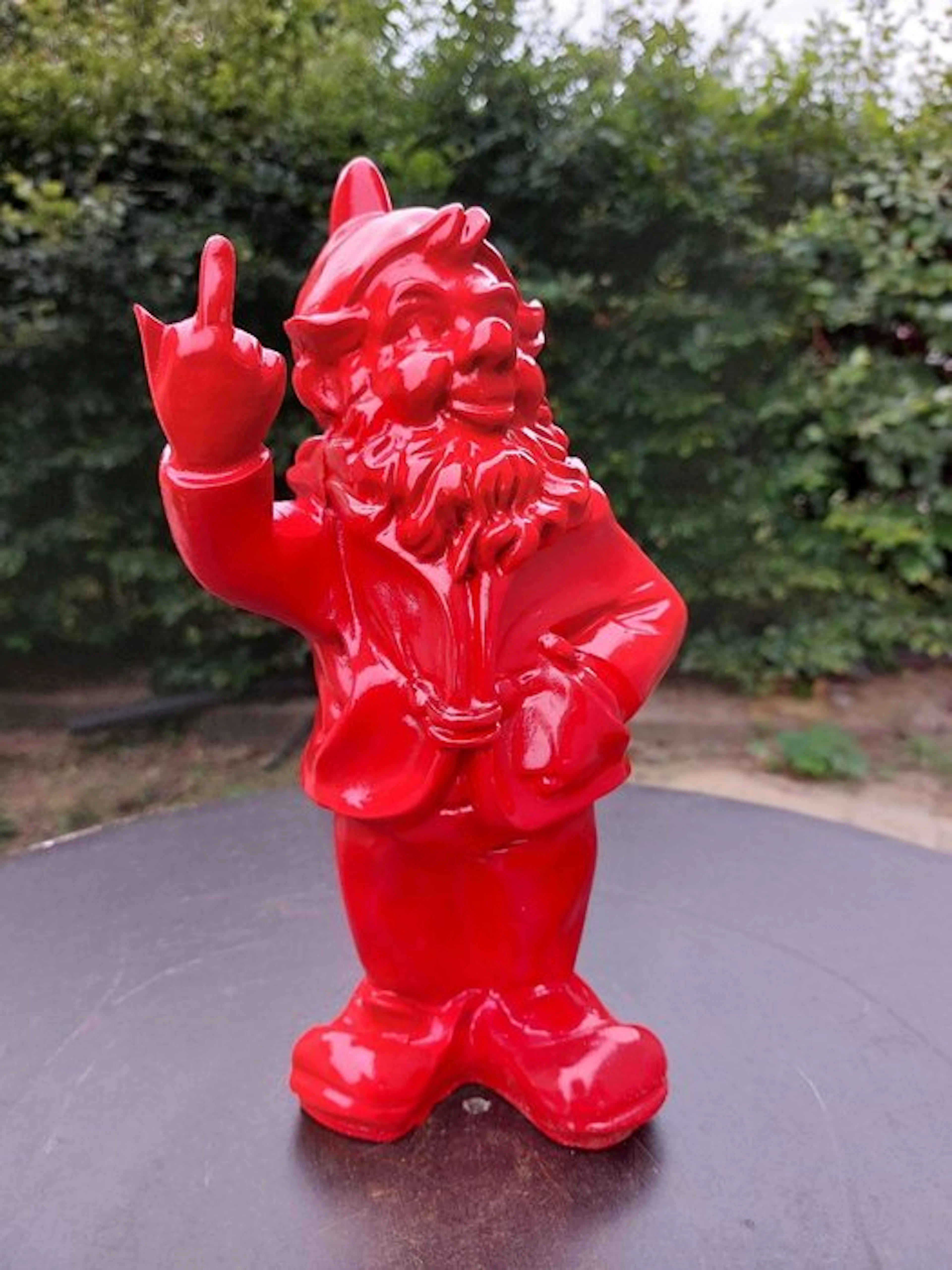 Statue, naughty red gnome with middle finger - 30 m - polyresin
