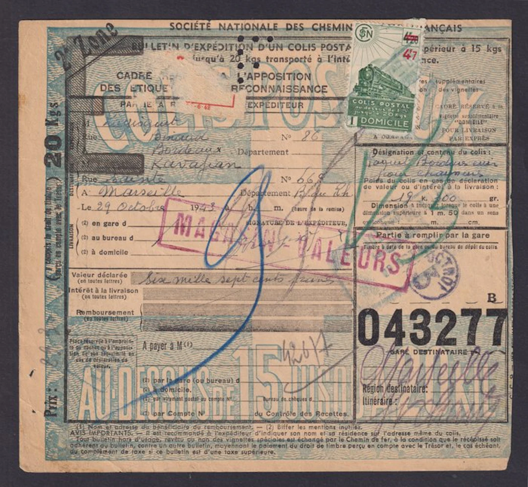 France 1943 - Two prepaid postal parcel shipment forms