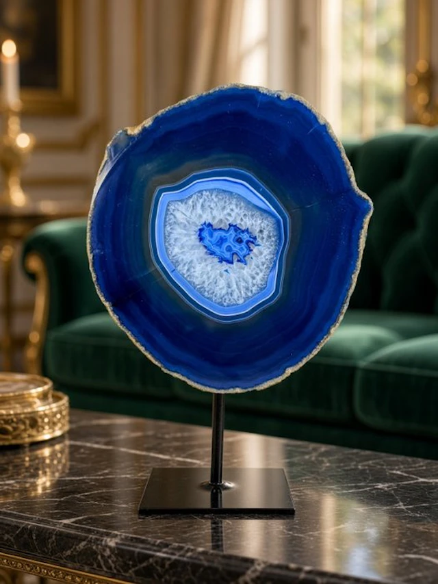 Rare blue Agate - rock crystal geode on stand - no...
