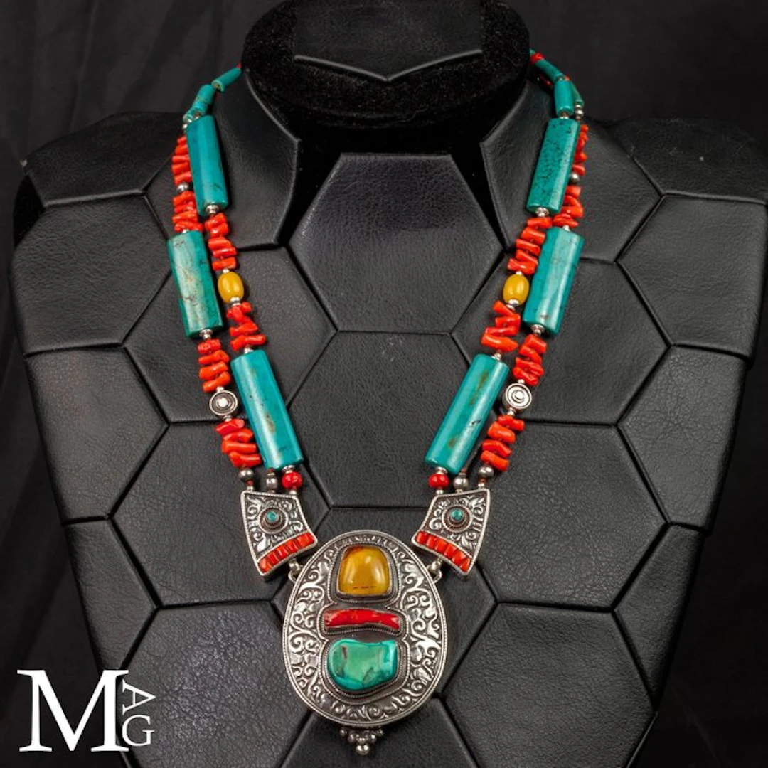 Authentic Traditional Tibetan Necklace - Blue-Green Turquoise