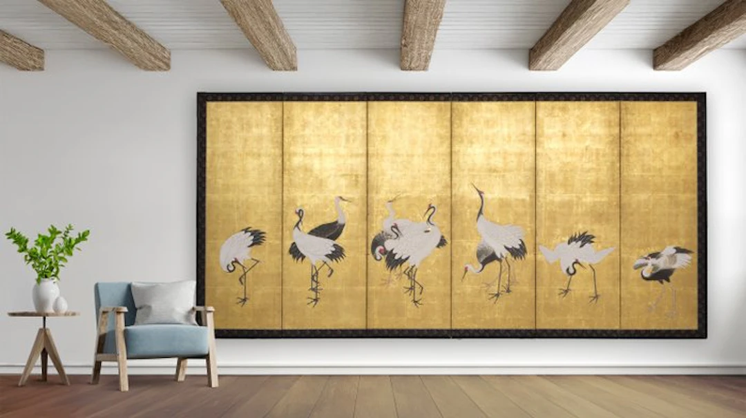 Folding screen with cranes - Paper
