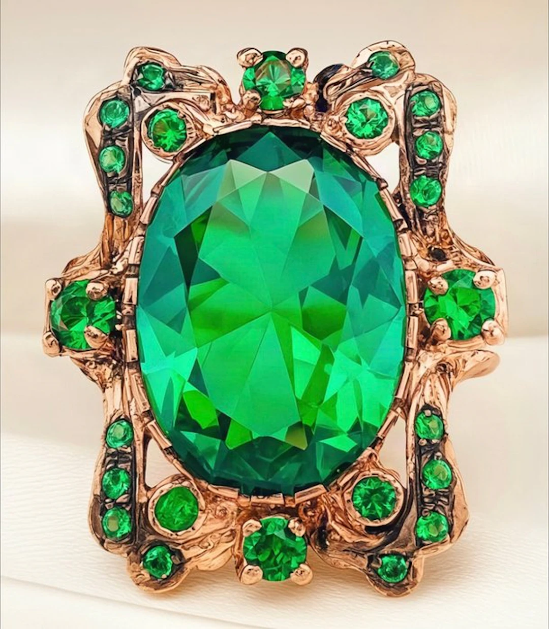 No reserve price - Ring - 9 kt. Rose gold, Silver Emerald - Emerald
