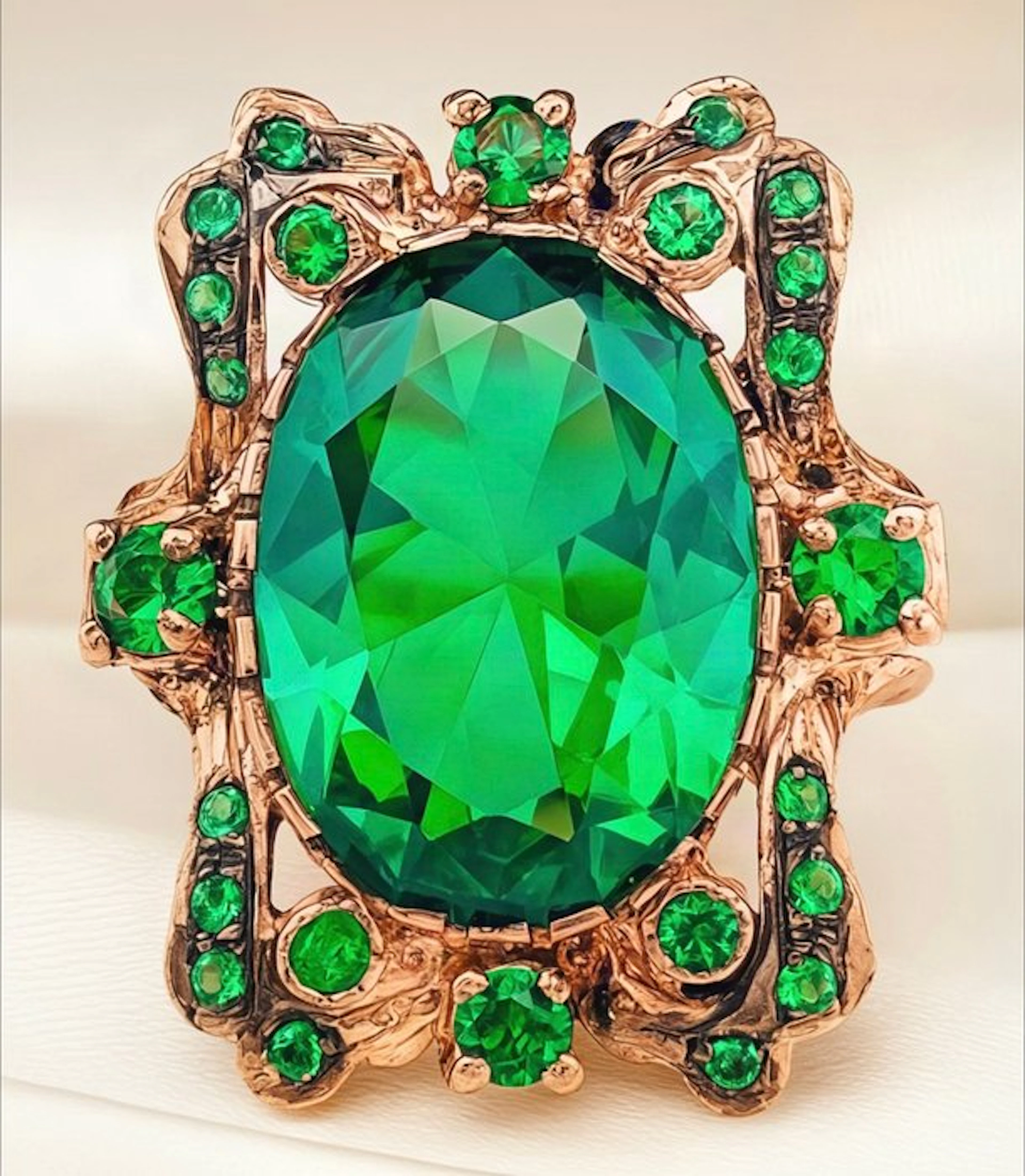 No reserve price - Ring - 9 kt. Rose gold, Silver Emerald - Emerald